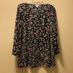 J.Jill Black Patterned Top with Ruffle Detail 1x